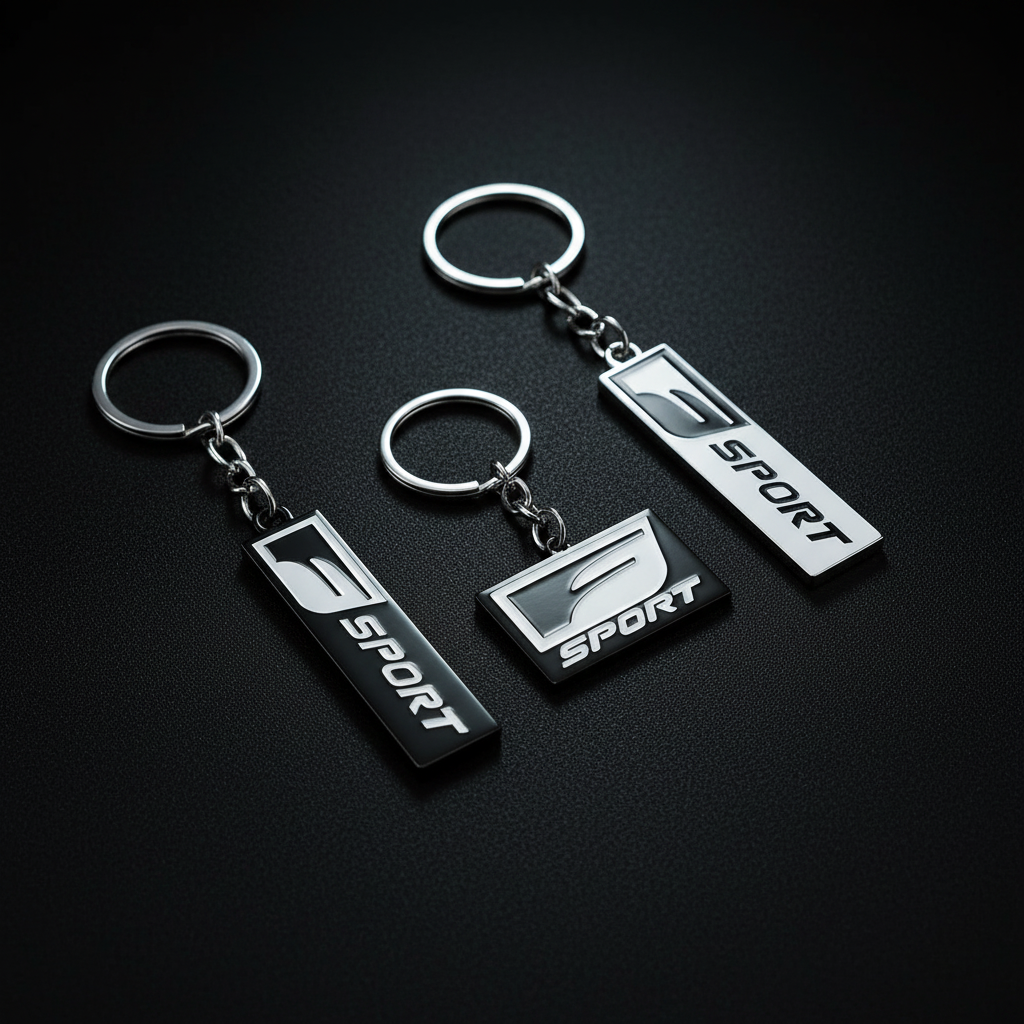 F Sport Metal Tag Keychains — Hero Flat Lay