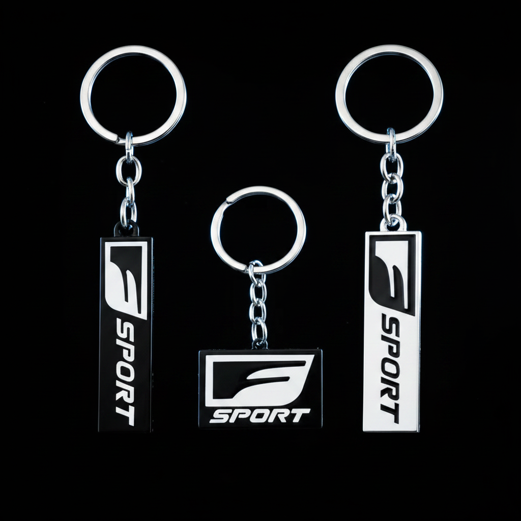 F Sport Metal Tag Keychains — Suspended Shot