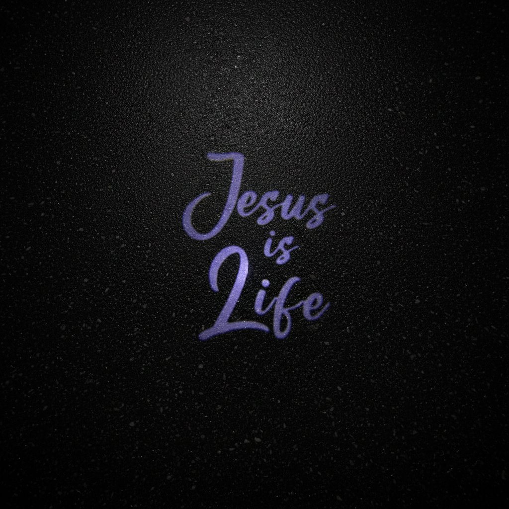 Jesus is Life Top-Down Puddle Light on Wet Asphalt