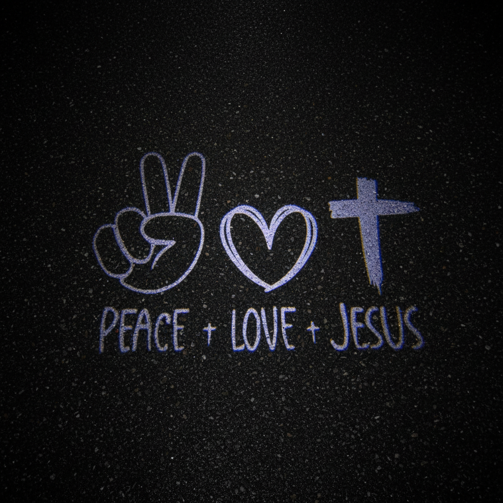 Peace Love Jesus Top-Down Puddle Light on Wet Asphalt