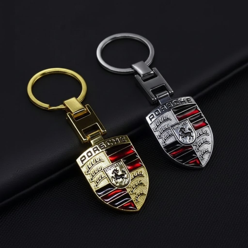 Porsche Metal Keychains — Hero Flat Lay